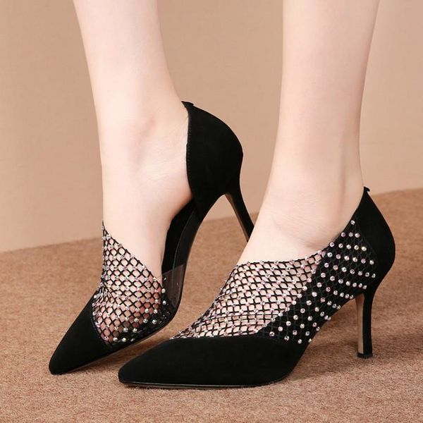 

sandals women kid suede mesh crystal studded pointed toe stiletto high heels party shoes ladies mature rome summer dress, Black
