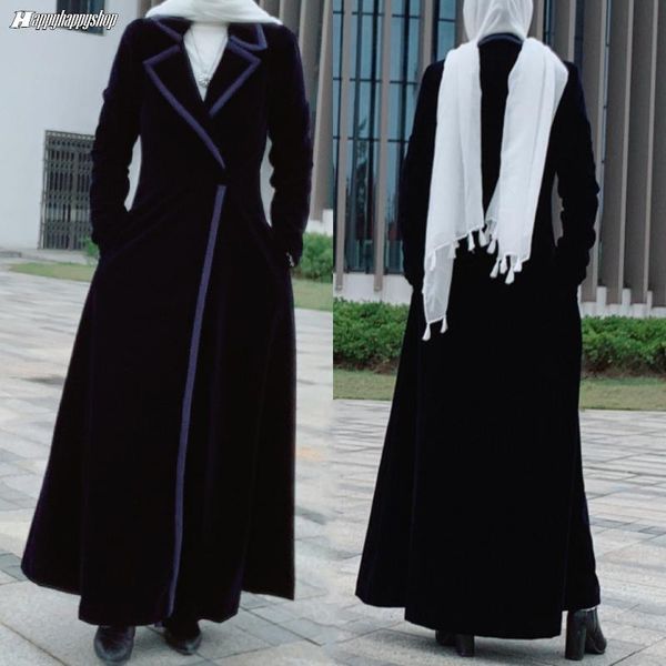 

women's wool & blends autumn winter velvet lapel collar overcoat muslim women long trench coat high wasit slim abaya full length jacket, Black