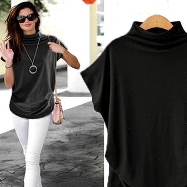 

women t shirt casual summer short bat sleeve loose solid black gray turtleneck tee shirts, White