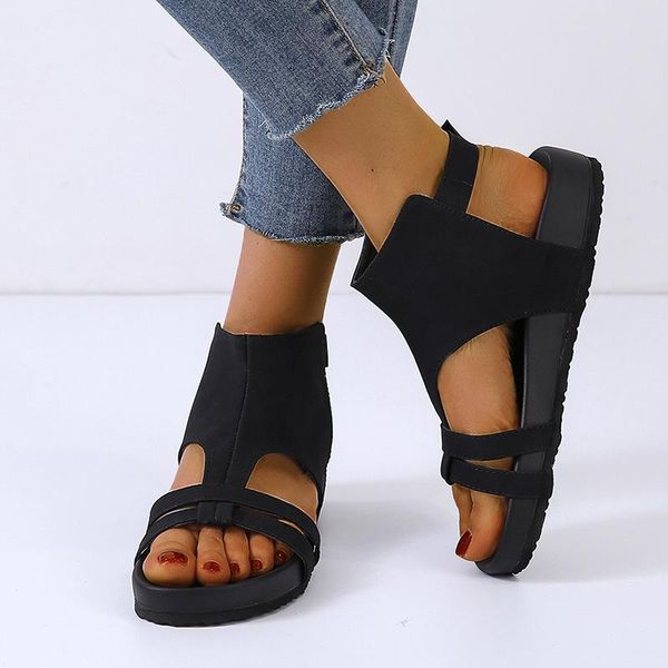 

summer women sandals mid heels wedges shoes woman vintage pu leather plus size gladiator sandalias mujer sapato feminino, Black