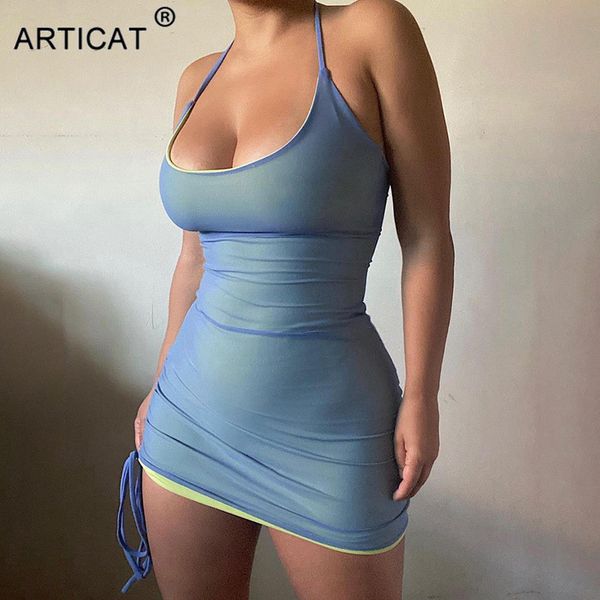 

halter double layer dress women summer home basic mesh dresses 2021 beach dstring bodycon spring mini vestidoshigh quality, Black;gray