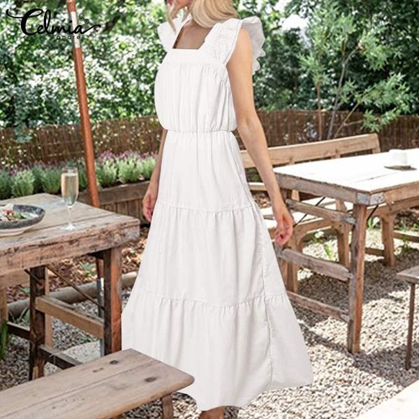 

casual dresses celmia sleeveless pleated apron dress elegant a-line women ruffles square collar midi vestidos loose party long, Black;gray
