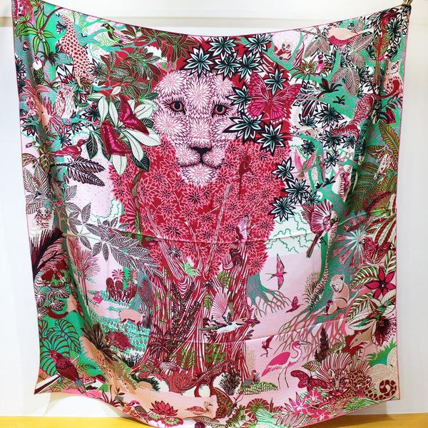 

scarves 100% twill silk scarf sand wash hand rolled edges animal lion printing handband hairband shawl wrap 140*140cm, Blue;gray