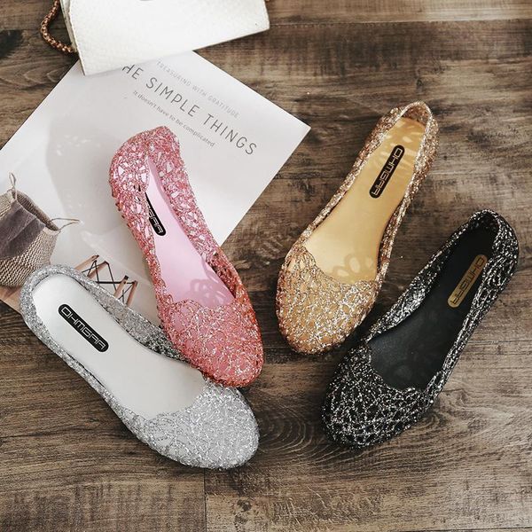 

fashion crystal sandals, women's transparent hollow round toe flat-heeled beach sandals size 36-41, Black