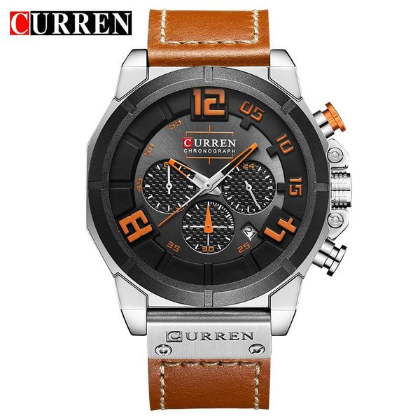 

wristwatches curren men's watches waterproof sport military watch for men multifunction chronograph fashion quartz leather strap, Slivery;brown