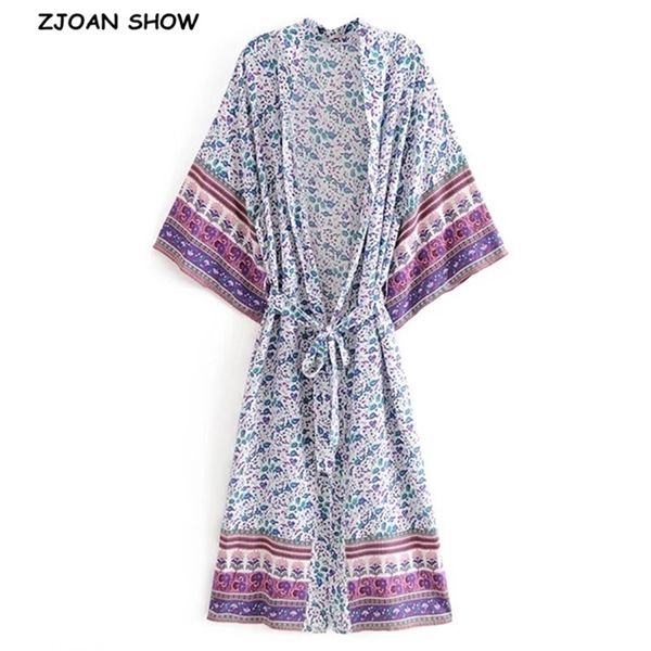 Boho Mavi Beyaz Çiçek Baskı Uzun Kimono Gömlek Hippi Kadın Bağlama Kravat Yay Sashes Hırka Gevşek Bluz Tatil 210429 Tops