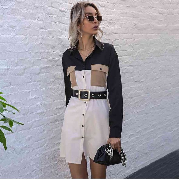 

2021 new oversized splicing dresses spring summer cardigan women's casual belt single breasted long sleeve shirt es for fashion qmnc, Black;gray
