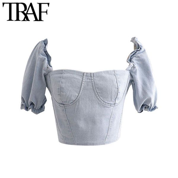 TRAF mujeres dulce moda Ruffled Denim blusas recortadas Vintage cuello cuadrado cremallera trasera camisas femeninas Blusa Chic Tops 210415