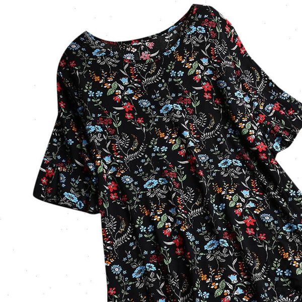 

floral print women shirts blouse casual plus size loose linen short sleeve o neck button tanic dames shirt ladies blouses, White