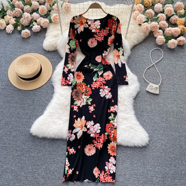 

casual dresses elegant female singiny dressed in french printing long sleeve with v-low party dress skinny 2021 autumn split streetwear long, Black;gray