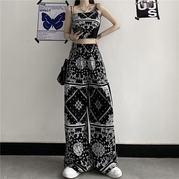 

harajuku print wide leg pant summer fashion 2021 vintage high waist trousers korean style streetwear woman pants, Black;white