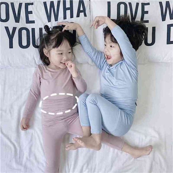 Çocuk pijama modal ilkbahar ve sonbahar yüksek bel erkek kız bebek giysileri uzun boylu iç çamaşırı seti P4476 210622