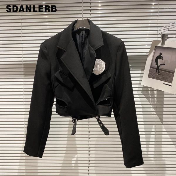 

women's suits & blazers black long sleeve blazer jacket 2021 autumn flower brooch ladies clothes waist-slimming belt short suit coat fo, White;black