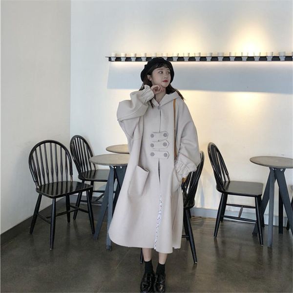 

women's wool & blends 2021 winter woolen pure color mid-length thick coat double-breasted hooded loose sweet korean style wild fashion, Black