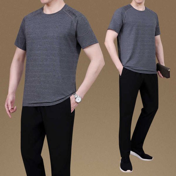 

summer suit leisure middle aged men ice silk tshirt short sleeve men's wear, Gray