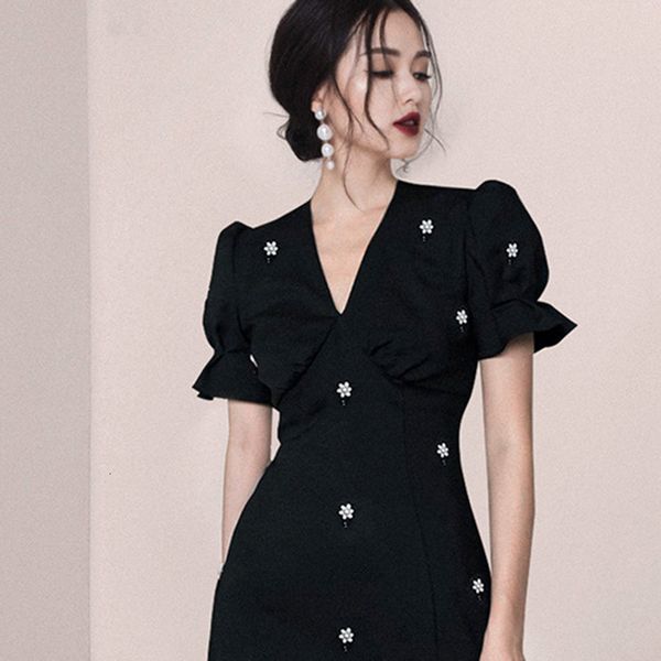 

casual dresses women summer fashion slim solid mermaid dress female v-neck puff short sleeve retro elegant vestidos ttan, Black;gray