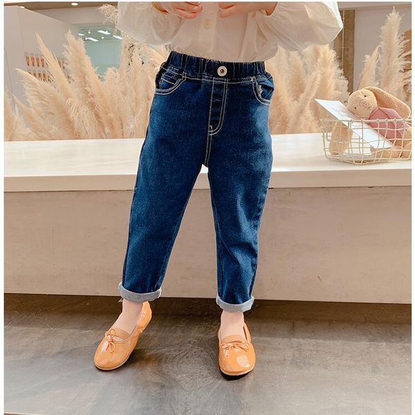 

fashion baby girls jeans pants for kids 2021 spring autumn blue elastic high waist slim design children trousers