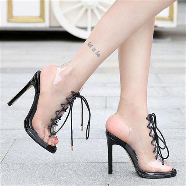

size 44 45 46 summer pvc transparent gladiator sandals fashion 11cm high heel women cross-tied peep toe stilettos, Black