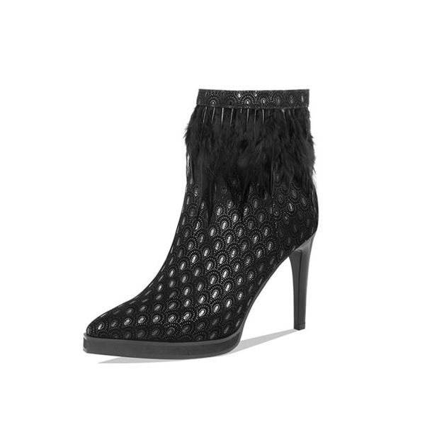 

boots perixir winter ankle for women handmade luxury designer stiletto platform embroidery pointy toe feather booties shoe, Black