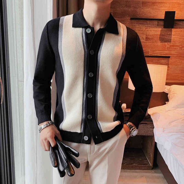 

2021 autumn winter striped knit cardigan men's sweater long sve slim knitted et busins casual sweatercoat men clothing, Black;white