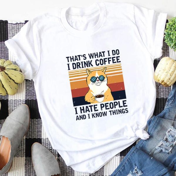

women's t-shirt i drink coffee cute cat print 100%cotton tshirt mom life funny summer casual o-neck short sleeve pet lover gift, White
