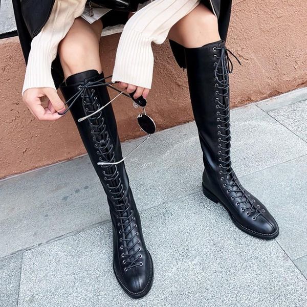 

boots knight back zipper long women's 2021 bandage high leather, Black