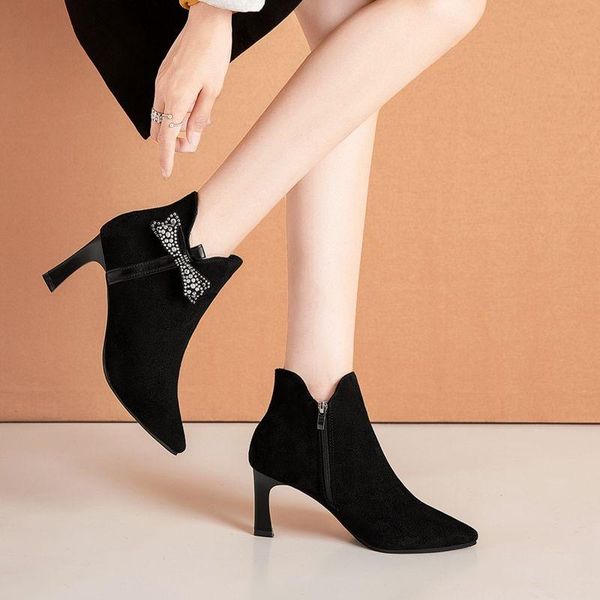 

boots cresfimix women fashion sweet light weight bow tie spike heel ankle for autumn winter botas femininas c6497, Black