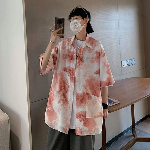 

men's casual shirts summer tie-dye fashion printed men streetwear korean loose short-sleeved mens hawaiian rgig, White;black