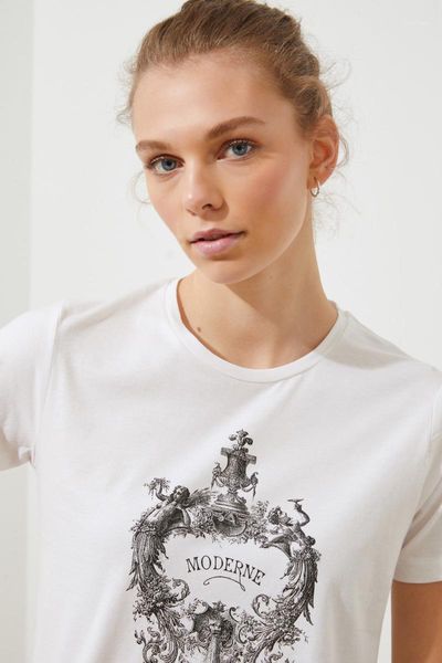 

women's t-shirt trendyol printed basic knitted twoss21ts2058, White