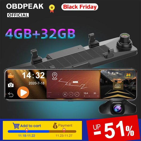 

android 8.1 12'' 4g wifi car dvr rearview mirror stream media cam 4g+32g dual lens adas dash gps bluetooth phone dashcam dvrs