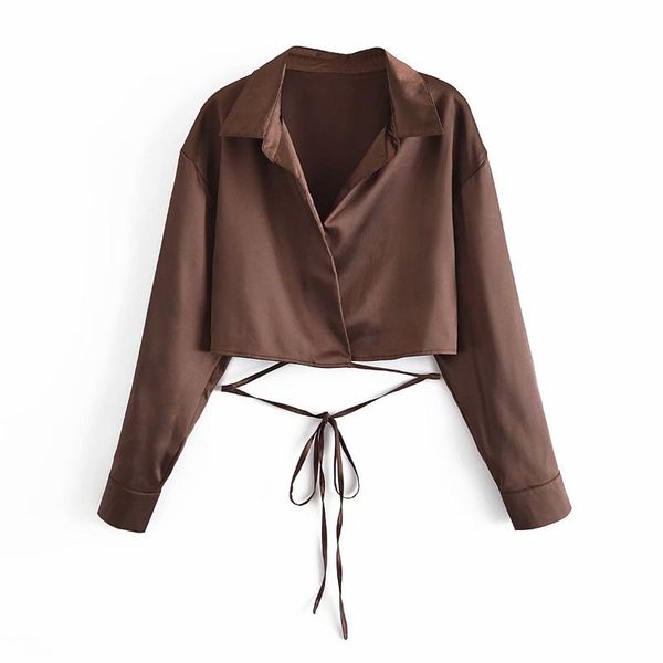 

women's blouses & shirts 2021 summer women lace up long sleeves v-neck crop chic lady fashion casual, White