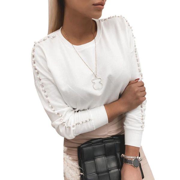 

women's sweaters 2021 women round neck blouse long sleeve autumn spring female pullover tee shirt pearl solid color loose d30, White;black