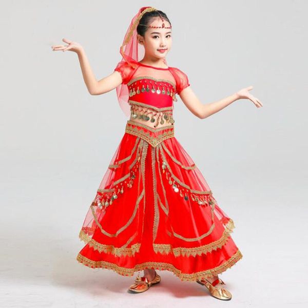 

stage wear kids children style princess costume set retro performance clothes /skirt/belt/head oriental dance dress, Black;red