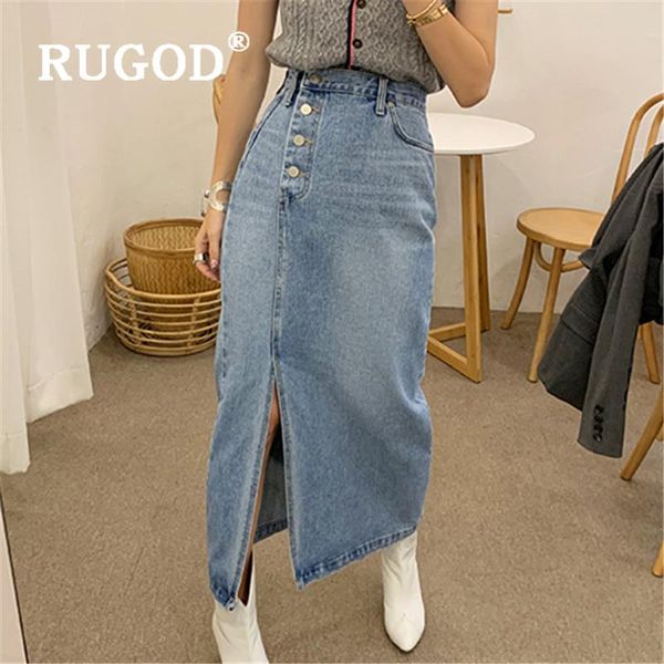 

skirts rugod 2021 women denim skirt high waist side four buttons spilt straight korean chic fashion streetwear, Black