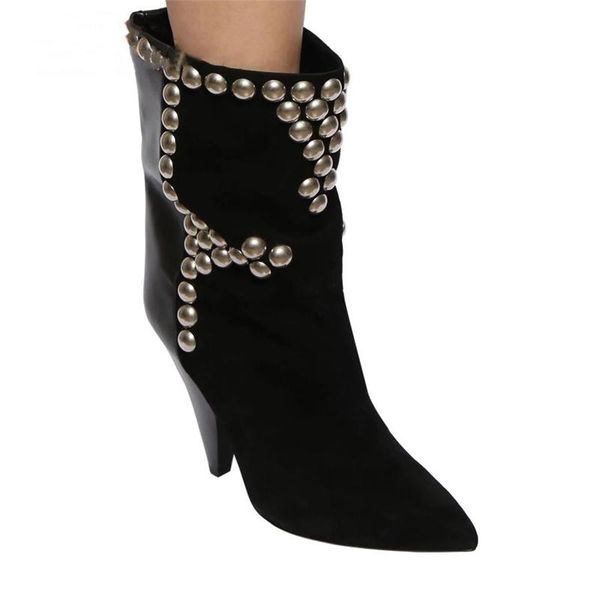 

boots charm2021 autumn and winter style slope heel pointed head personalized rivet straight tube women's leather sleeve knee, Black