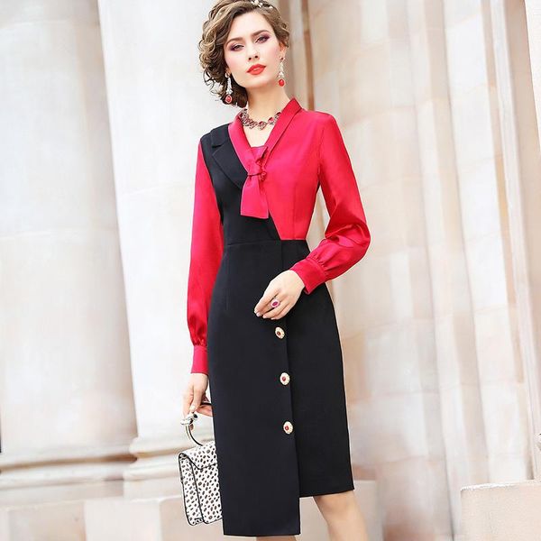 

casual dresses elegant office lady pencil dress spring designer full sleeve bow collar color block irregular robe femme party vestido woman, Black;gray