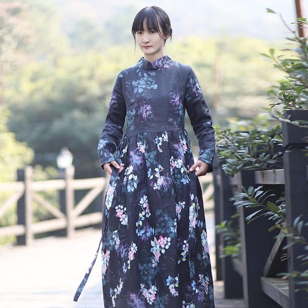 

linen print winter high waist lace up collar bottomed long sleeve dress plush women's artistic robe casual dresses, Black;gray