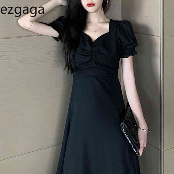 

ezgaga spring summer new fashion elegant vintage dress women split puff sleeve solid elegant party dresses korean fashion 210430, Black;gray