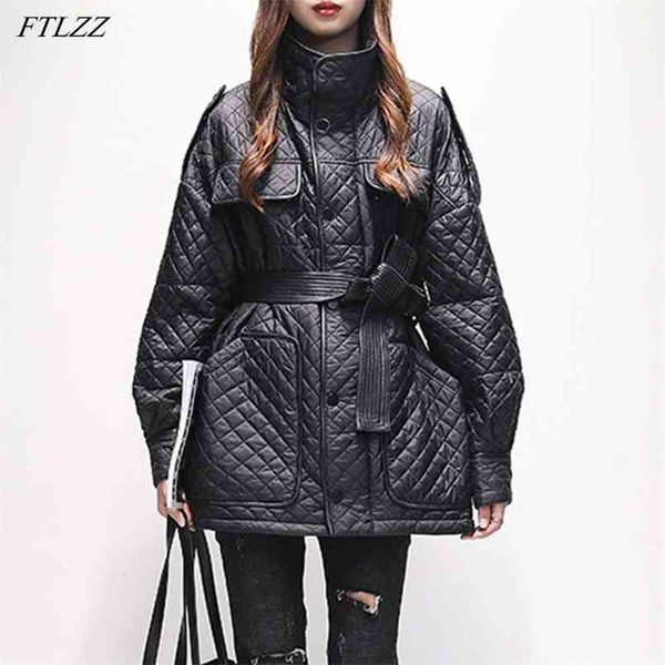 

winter women warm thick parkas fashion solid plaid slim jacket with belt 90% white duck down coat 210430, Black