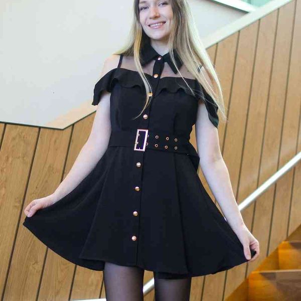 

2021 woman will see streetwear only breasted shirt dressed sweet black turn-down collar short dress with a belt, Black;gray