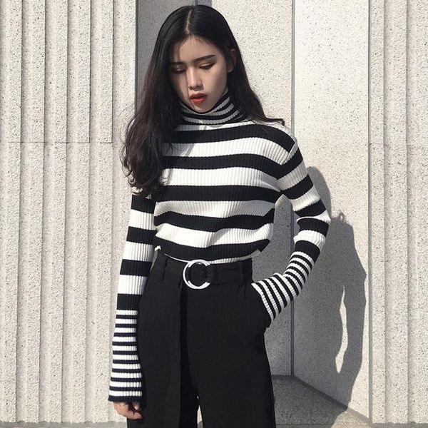 

women's sweaters 2021 auttum winter black white striped sweater korean turtleneck fashion mujer sueter slim wild vintage pullovers, White;black