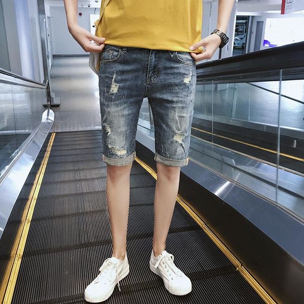

summer denim shorts men's knee length slim hole, White;black