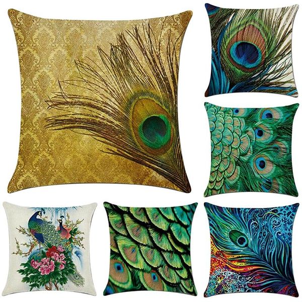 

pillow case 6 pcs peacock feather pattern pillowcase linen cover home decor square cushion printing