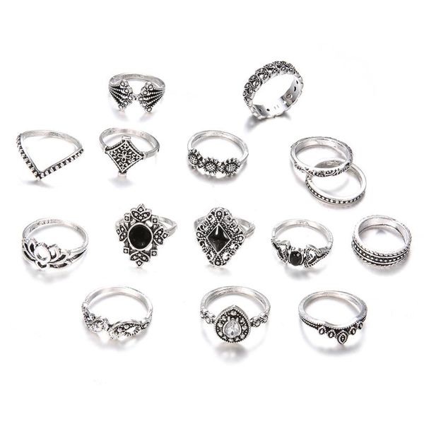 

bohemian personality carved lotus flower yoga stone ring set wholesale fashion jewelry wedding rings, Slivery;golden