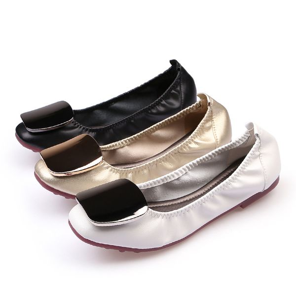 

lolita women foldable ballet flats soft square toe square buckle comfortable slip on flat ballerinas shoes woman pu leather 35-41, Black