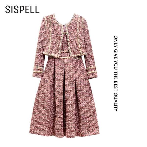 

sispell hit color patchwork women's two-piece suit o neck long sleeve coat high waist ruched loose for female sets tide 210407, White