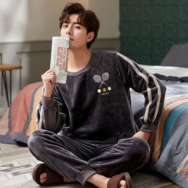 

men's sleepwear 2021 autumn winter flannel pajamas 2 pcs set long-sleeve thicken warm cartoon print sleep +pants home service suit, Black;brown