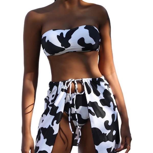 

one-piece suits women cow print 3pcs bikini set strapless push-up swimsuit with beach skirt a69a
