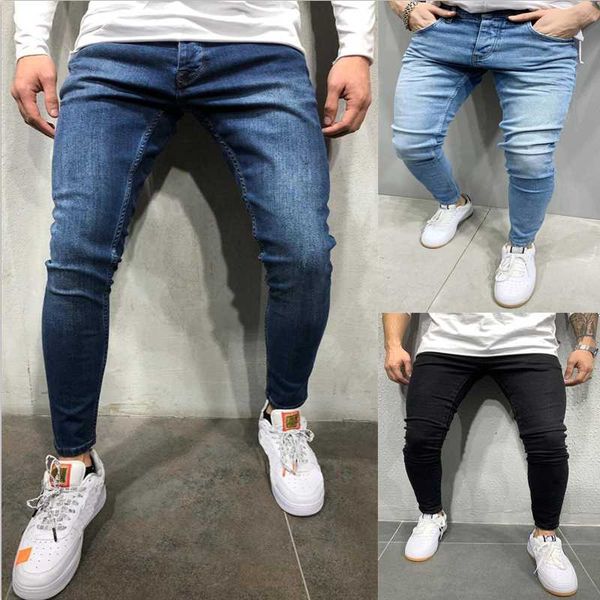 

men's jeans 2021 fashion solid color casual stretch skinny trend slim boutique trousers jogging men, Blue