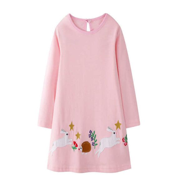 Jumping Meters Prinzessin Langarm Mädchen Kleider Tiere Applikation Designs für Bunny Baby Baumwollkleidung 210529